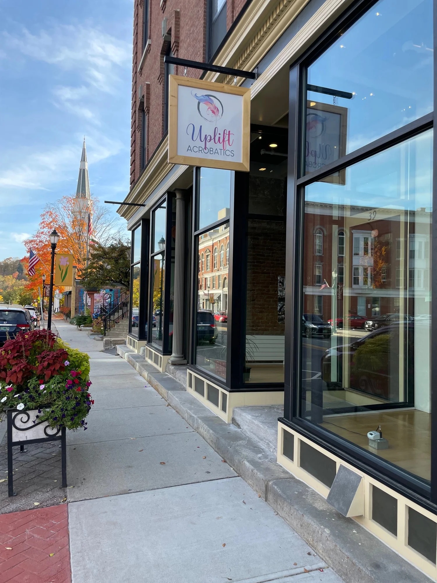 The Uplift Acrobatics and Dance storefront in downtown Springfield, Vermont